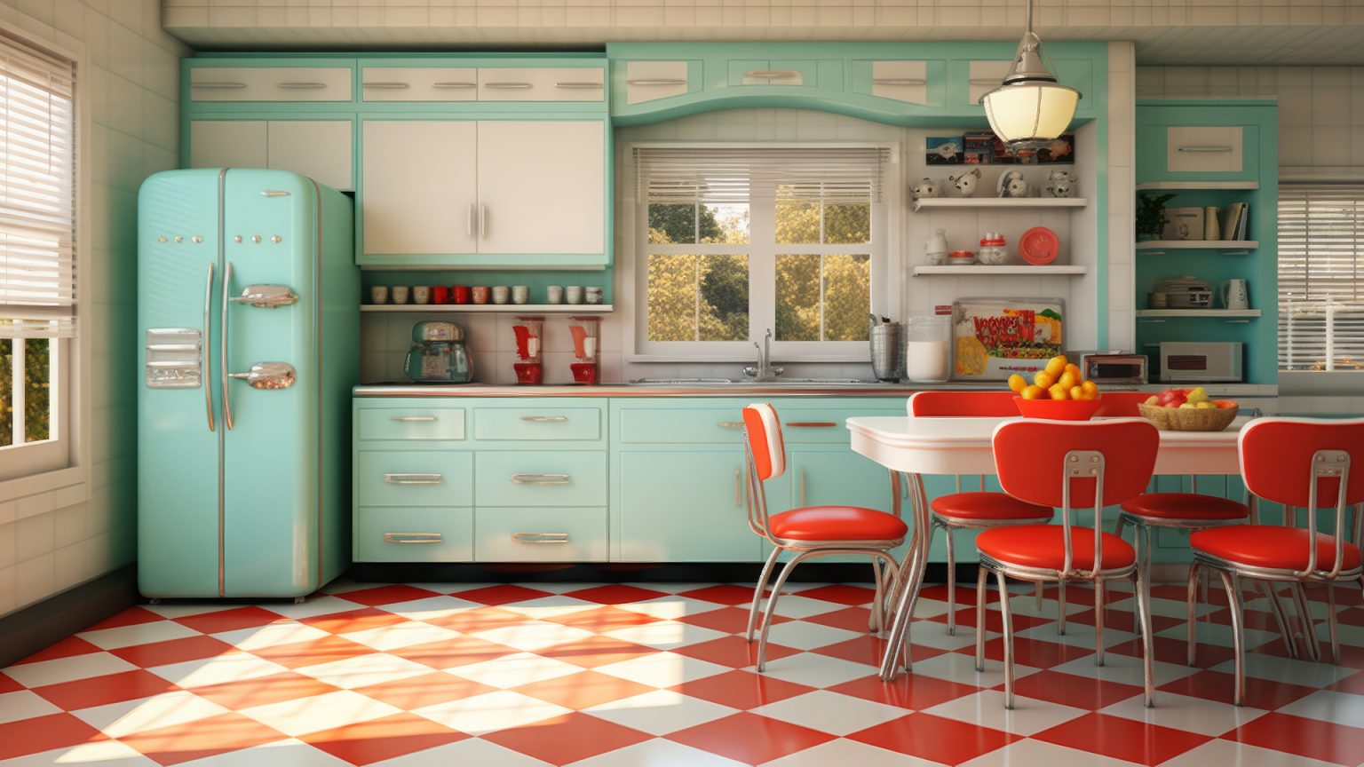 Diner styled kitchen with mint green colors