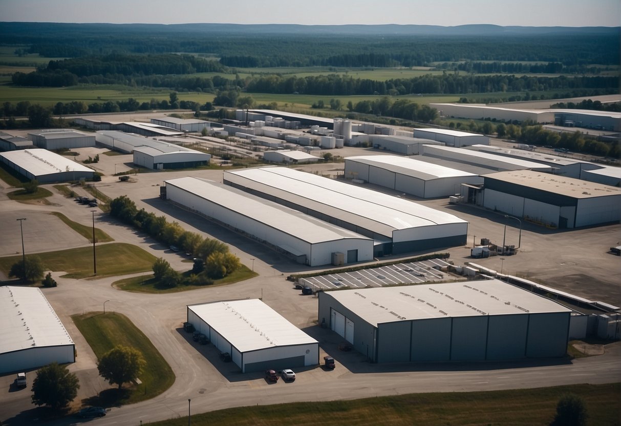 A bustling industrial park with various metal buildings housing different businesses, from manufacturing to storage, showcasing the versatility of commercial metal buildings across industries