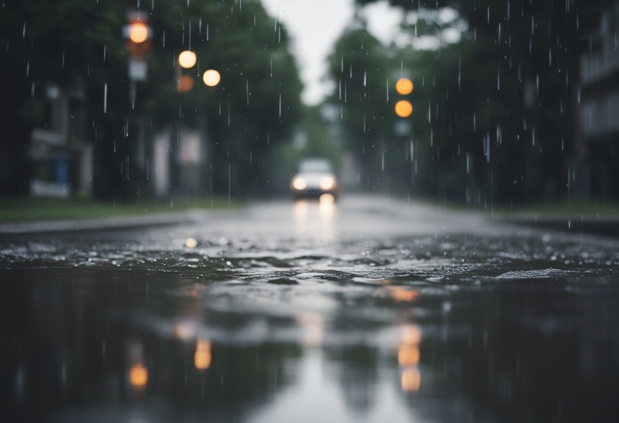 A suburban street with heavy rainfall, showing water flowing into a drainage system to prevent flooding and erosion