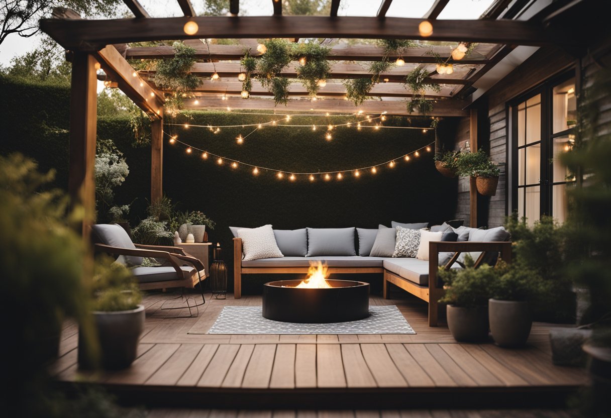 A cozy patio with a sturdy wooden roof, adorned with hanging plants and string lights. Comfortable outdoor furniture and a small fire pit create the perfect setting for relaxing and entertaining